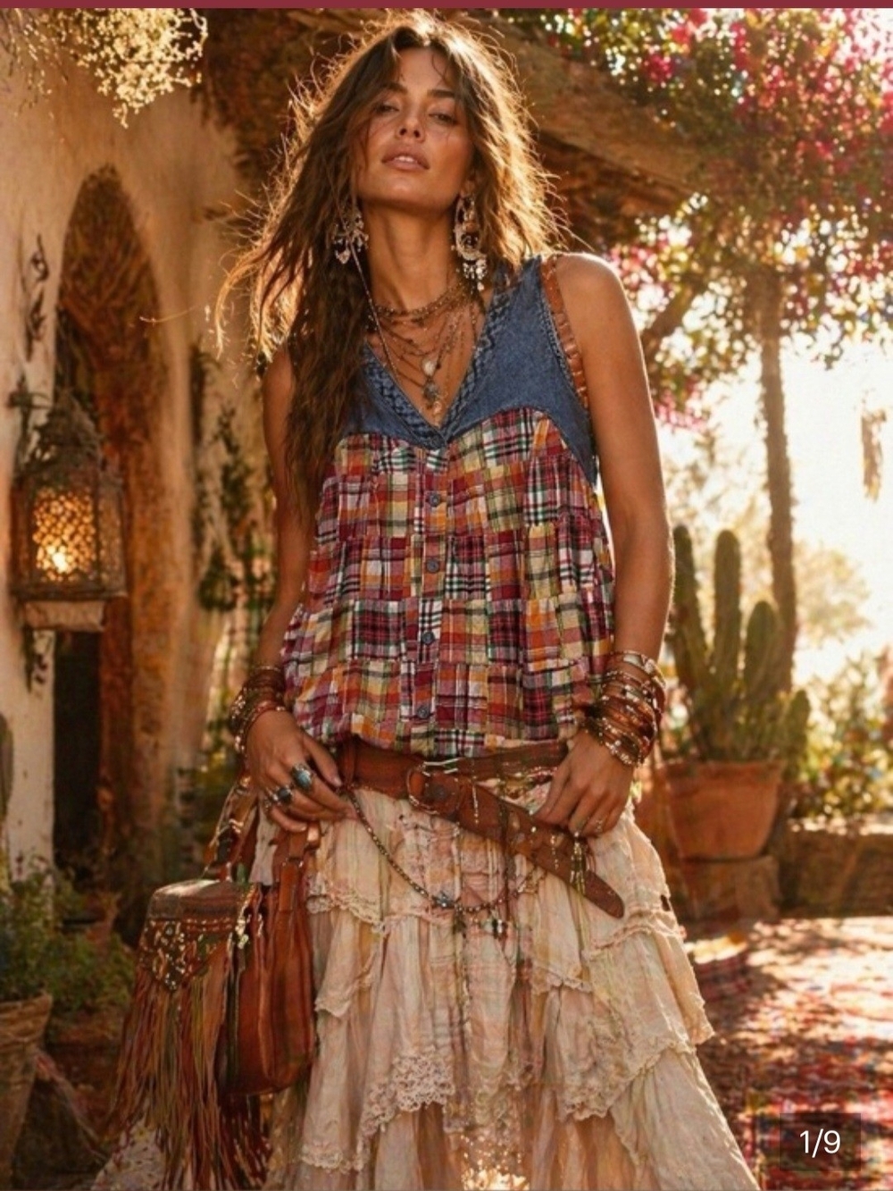 Young Threads Sleeveless Plaid Button-Down Top with Denim Sz S